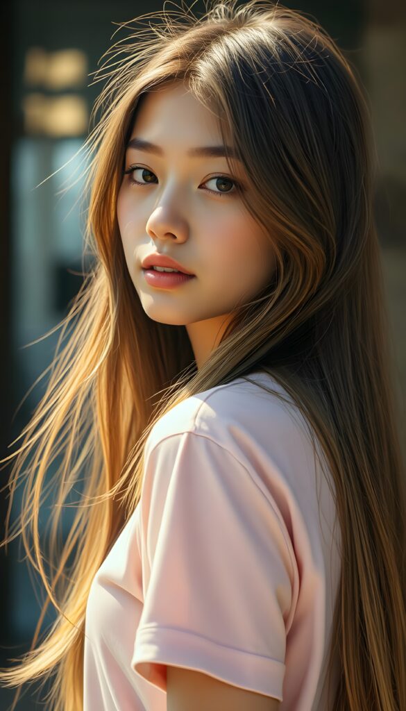 a beautiful detailed drawing from a girl, with (((long, silky straight brown and blonde hair))) that flows down to her back, framing a ((softly curved body)), accentuated by a (sun-kissed glow) that gives off an air of innocent beauty. Her ((natural, warm skin)) adds a touch of realism to this image, which evokes a sense of youthful wonder and nostalgia. She’s looking into the camera, with her ((cheekbones)) and ((almond skin)) contrasting against the (golden glow) backdrop. She wears a light pink t-shirt.