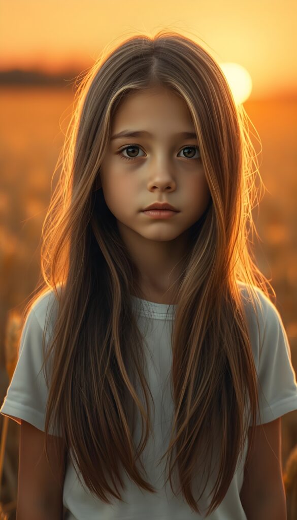 a beautiful detailed drawing from a cute little girl, with (((long, silky straight brown and blonde hair))) that flows down to her back, framing a ((softly curved body)), accentuated by a (sun-kissed glow) that gives off an air of innocent beauty. Round angelic face. Her ((natural, warm skin)) adds a touch of realism to this image, which evokes a sense of youthful wonder and nostalgia. She's looking into the camera, with her ((cheekbones)) and ((almond skin)) contrasting against the (golden glow) backdrop. She wears a plain, white t-shirt. Everything set against a golden wheat field and a red sunset. Peaceful. Front view.