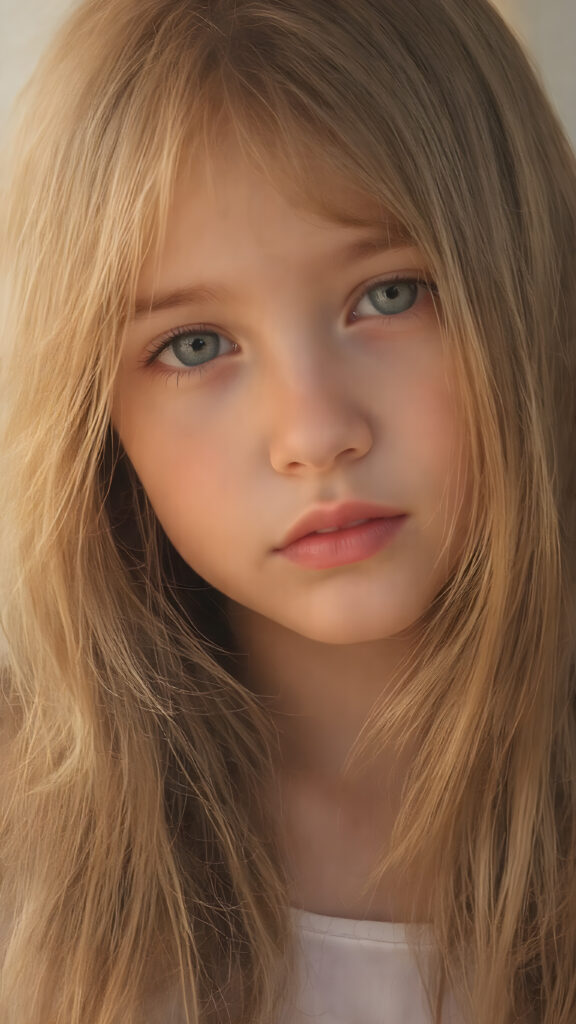 a beautiful detailed portrait from a cute little girl, with (((long, silky straight brown and blonde hair))) that flows down to her back, framing a ((softly curved body)), accentuated by a (sun-kissed glow) that gives off an air of innocent beauty. Her ((natural, warm skin)) adds a touch of realism to this image, which evokes a sense of youthful wonder and nostalgia. She's looking into the camera, with her ((cheekbones)) and ((almond skin)) contrasting against the (golden glow) backdrop
