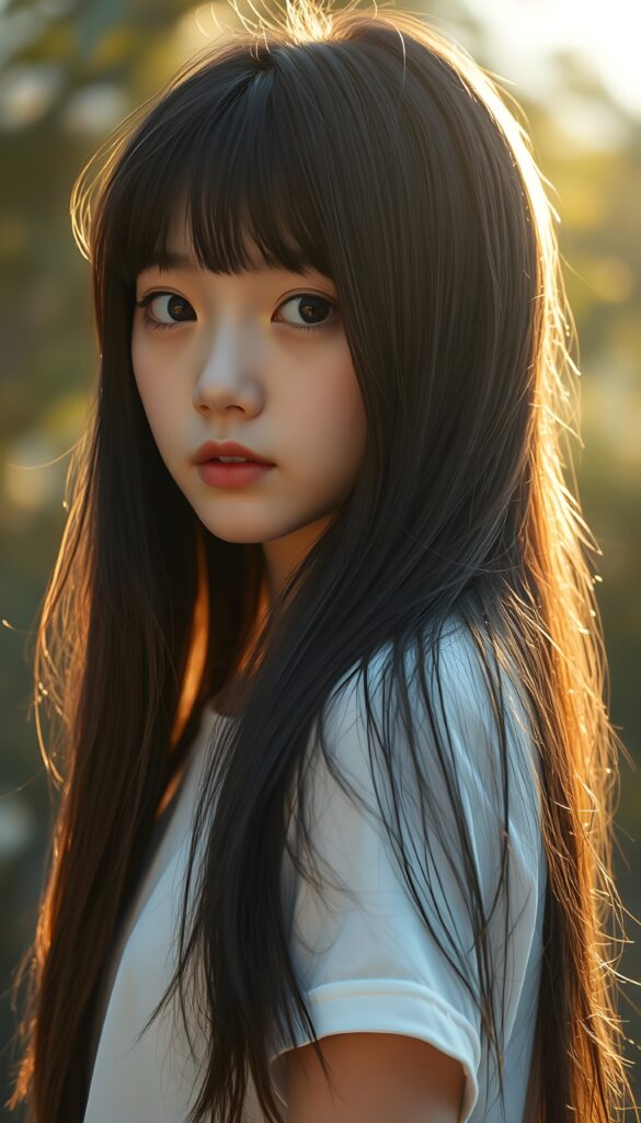 a beautiful detailed portrait from a cute little Korean girl, with (((long, silky straight obsidian black full open hair and brown highlights)), perfect bangs cut), that falls down to her back, framing a ((softly curved body)), accentuated by a (sun-kissed glow) that gives off an air of innocent beauty. Round angelic face. Her ((natural, warm skin)) adds a touch of realism to this image, which evokes a sense of youthful wonder and nostalgia. She's looking into the camera, with her ((cheekbones)) and ((almond skin)) contrasting against the (golden glow) backdrop. She wears a plain, white t-shirt. Slightly side view. White porcelain skin an red kissable lips.