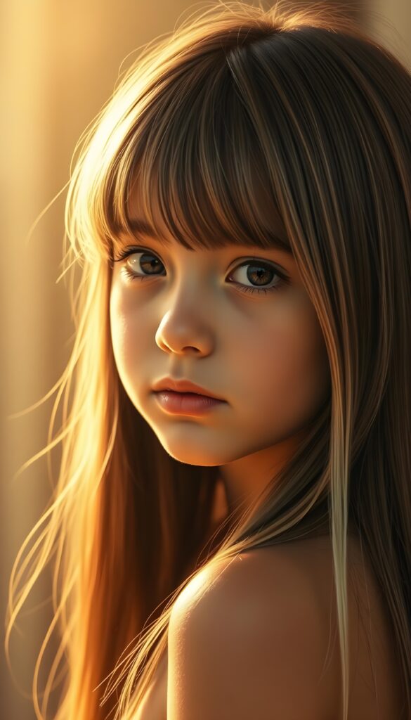 a beautiful detailed drawing from a cute little girl, with (((long, silky straight brown and blonde hair))) that flows down to her back, framing a ((softly curved body)), accentuated by a (sun-kissed glow) that gives off an air of innocent beauty. Her ((natural, warm skin)) adds a touch of realism to this image, which evokes a sense of youthful wonder and nostalgia. She’s looking into the camera, with her ((cheekbones)) and ((almond skin)) contrasting against the (golden glow) backdrop