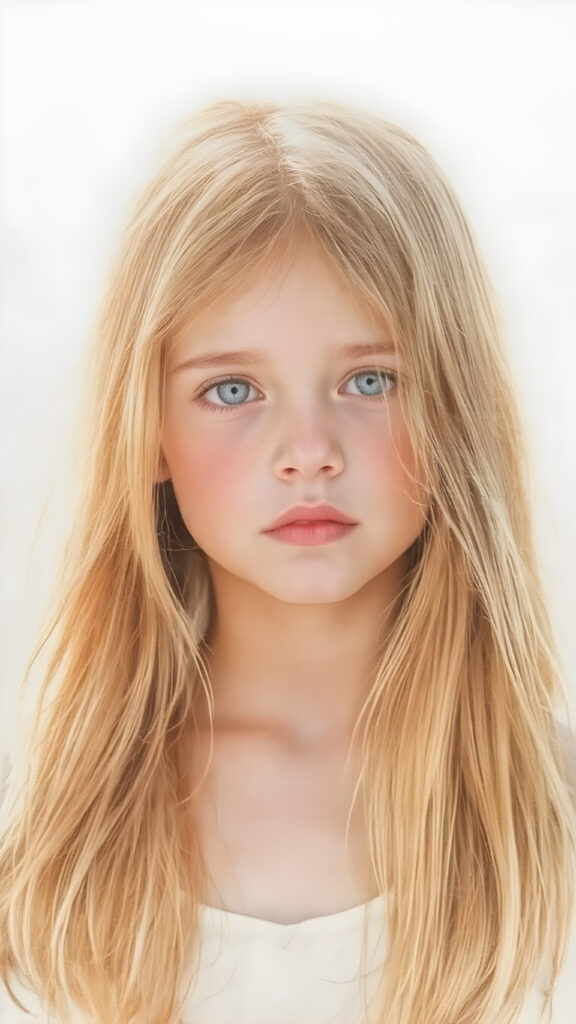 a beautiful detailed drawing from a cute little girl, with (((long, silky straight brown and blonde hair))) that flows down to her back, framing a ((softly curved body)), accentuated by a (sun-kissed glow) that gives off an air of innocent beauty. Her ((natural, warm skin)) adds a touch of realism to this image, which evokes a sense of youthful wonder and nostalgia. She's looking into the camera, with her ((cheekbones)) and ((almond skin)) contrasting against the (golden glow) backdrop