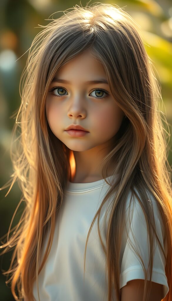 a beautiful detailed drawing from a cute little girl, with (((long, silky straight brown and blonde hair))) that flows down to her back, framing a ((softly curved body)), accentuated by a (sun-kissed glow) that gives off an air of innocent beauty. Round angelic face. Her ((natural, warm skin)) adds a touch of realism to this image, which evokes a sense of youthful wonder and nostalgia. She's looking into the camera, with her ((cheekbones)) and ((almond skin)) contrasting against the (golden glow) backdrop. She wears a plain, white t-shirt.