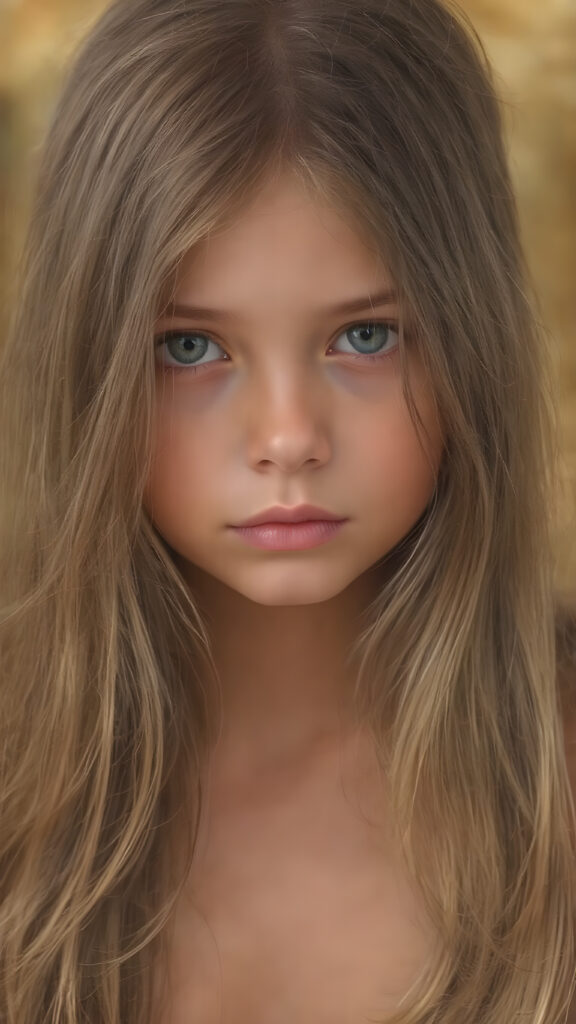 a beautiful detailed portrait from a cute little girl, with (((long, silky straight brown and blonde hair))) that flows down to her back, framing a ((softly curved body)), accentuated by a (sun-kissed glow) that gives off an air of innocent beauty. Her ((natural, warm skin)) adds a touch of realism to this image, which evokes a sense of youthful wonder and nostalgia. She's looking into the camera, with her ((cheekbones)) and ((almond skin)) contrasting against the (golden glow) backdrop