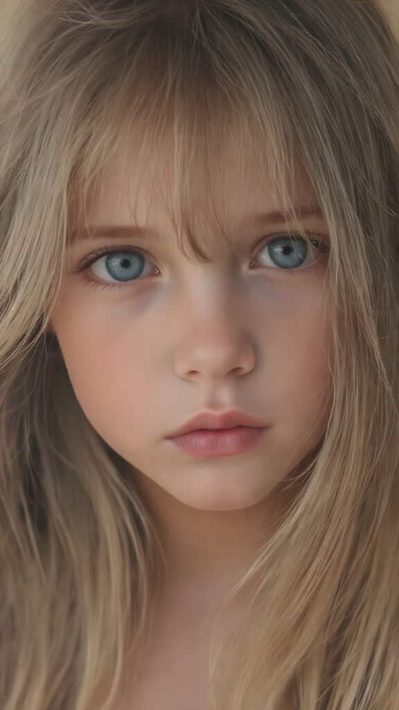 a beautiful detailed portrait from a cute little girl, with (((long, silky straight brown and blonde hair))) that flows down to her back, framing a ((softly curved body)), accentuated by a (sun-kissed glow) that gives off an air of innocent beauty. Her ((natural, warm skin)) adds a touch of realism to this image, which evokes a sense of youthful wonder and nostalgia. She's looking into the camera, with her ((cheekbones)) and ((almond skin)) contrasting against the (golden glow) backdrop