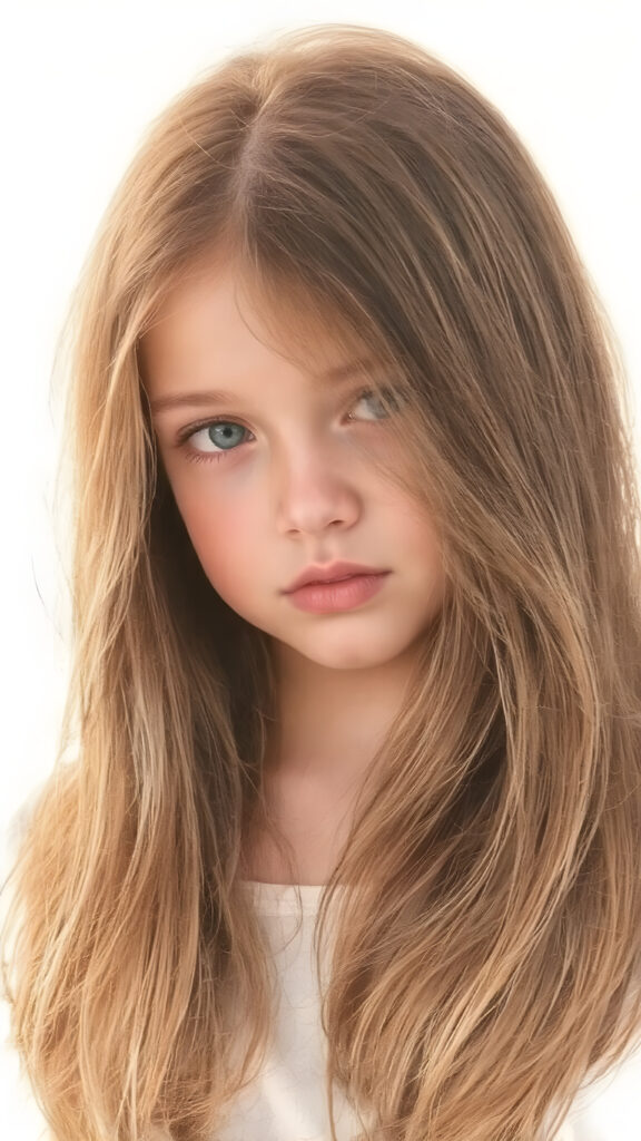 a beautiful detailed drawing from a cute little girl, with (((long, silky straight brown and blonde hair))) that flows down to her back, framing a ((softly curved body)), accentuated by a (sun-kissed glow) that gives off an air of innocent beauty. Her ((natural, warm skin)) adds a touch of realism to this image, which evokes a sense of youthful wonder and nostalgia. She's looking into the camera, with her ((cheekbones)) and ((almond skin)) contrasting against the (golden glow) backdrop