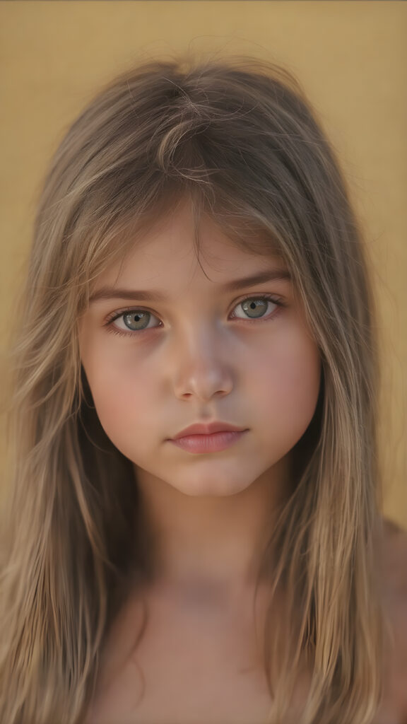 a beautiful detailed portrait from a cute little girl, with (((long, silky straight brown and blonde hair))) that flows down to her back, framing a ((softly curved body)), accentuated by a (sun-kissed glow) that gives off an air of innocent beauty. Her ((natural, warm skin)) adds a touch of realism to this image, which evokes a sense of youthful wonder and nostalgia. She's looking into the camera, with her ((cheekbones)) and ((almond skin)) contrasting against the (golden glow) backdrop