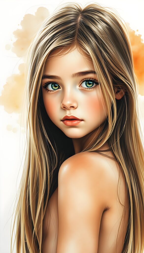 a beautiful detailed drawing from a cute little girl, with (((long, silky straight brown and blonde hair))) that flows down to her back, framing a ((softly curved body)), accentuated by a (sun-kissed glow) that gives off an air of innocent beauty. Her ((natural, warm skin)) adds a touch of realism to this image, which evokes a sense of youthful wonder and nostalgia. She’s looking into the camera, with her ((cheekbones)) and ((almond skin)) contrasting against the (golden glow) backdrop.