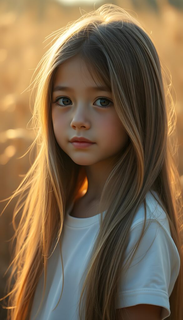 a beautiful detailed drawing from a cute little girl, with (((long, silky straight brown and blonde hair))) that flows down to her back, framing a ((softly curved body)), accentuated by a (sun-kissed glow) that gives off an air of innocent beauty. Round angelic face. Her ((natural, warm skin)) adds a touch of realism to this image, which evokes a sense of youthful wonder and nostalgia. She's looking into the camera, with her ((cheekbones)) and ((almond skin)) contrasting against the (golden glow) backdrop. She wears a plain, white t-shirt.