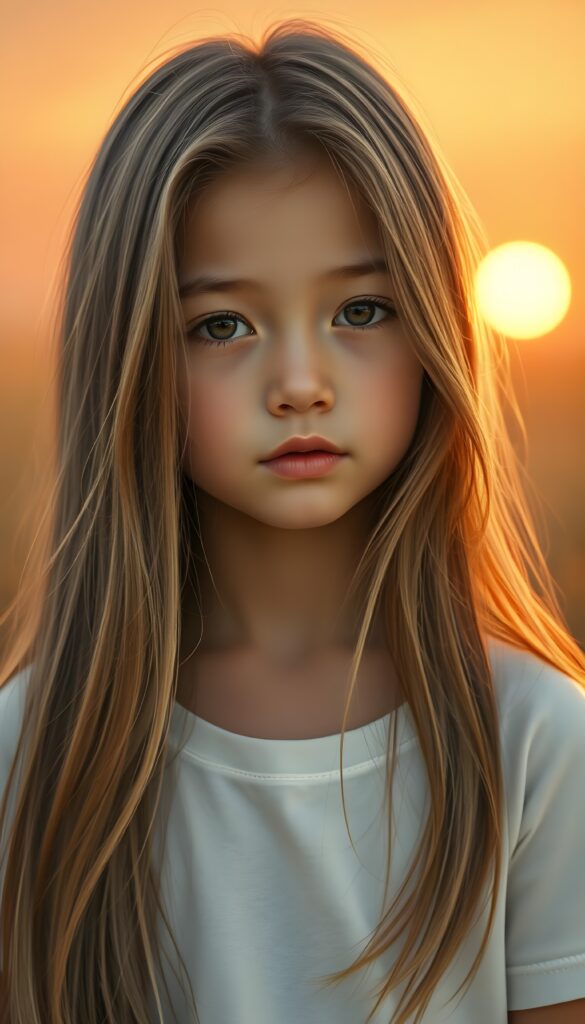 a beautiful detailed drawing from a cute little girl, with (((long, silky straight brown and blonde hair))) that flows down to her back, framing a ((softly curved body)), accentuated by a (sun-kissed glow) that gives off an air of innocent beauty. Round angelic face. Her ((natural, warm skin)) adds a touch of realism to this image, which evokes a sense of youthful wonder and nostalgia. She's looking into the camera, with her ((cheekbones)) and ((almond skin)) contrasting against the (golden glow) backdrop. She wears a plain, white t-shirt. Everything set against a golden wheat field and a red sunset. Peaceful. Front view.