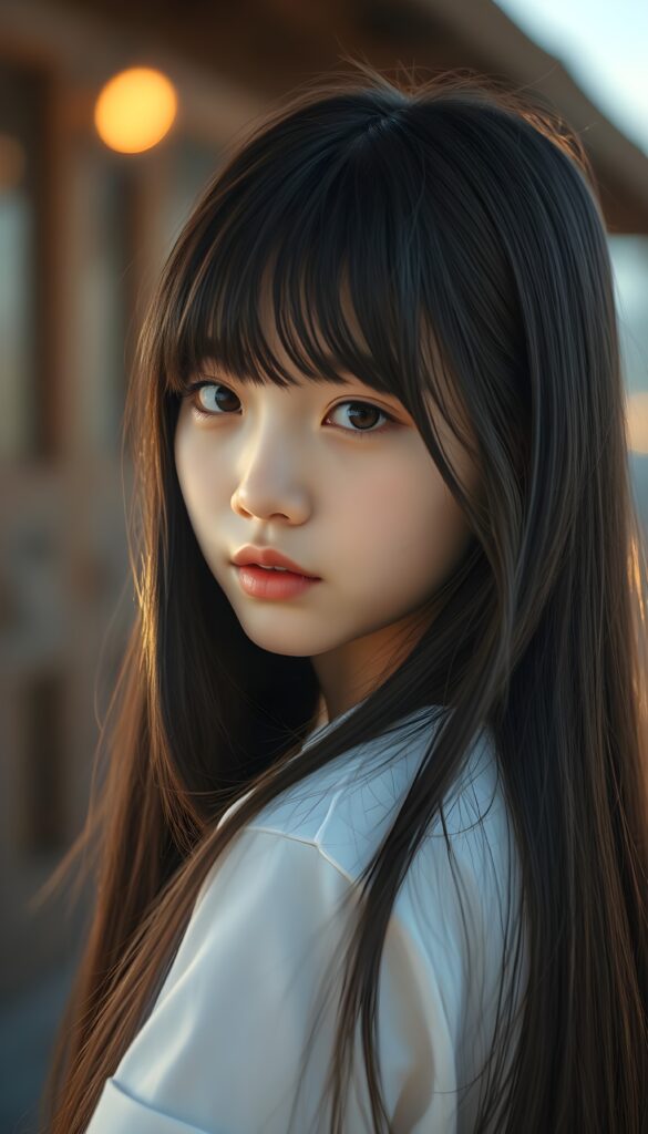 a beautiful detailed portrait from a cute little Korean girl, with (((long, silky straight obsidian black full open hair and brown highlights)), perfect bangs cut), that falls down to her back, framing a ((softly curved body)), accentuated by a (sun-kissed glow) that gives off an air of innocent beauty. Round angelic face. Her ((natural, warm skin)) adds a touch of realism to this image, which evokes a sense of youthful wonder and nostalgia. She's looking into the camera, with her ((cheekbones)) and ((almond skin)) contrasting against the (golden glow) backdrop. She wears a plain, white t-shirt. Slightly side view. White porcelain skin an red kissable lips.