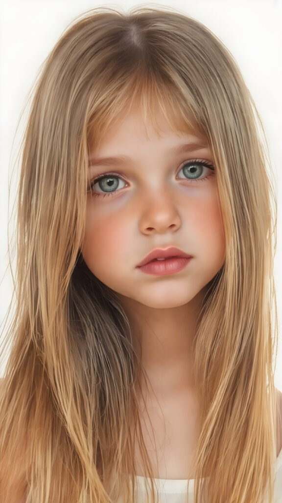 a beautiful detailed drawing from a cute little girl, with (((long, silky straight brown and blonde hair))) that flows down to her back, framing a ((softly curved body)), accentuated by a (sun-kissed glow) that gives off an air of innocent beauty. Her ((natural, warm skin)) adds a touch of realism to this image, which evokes a sense of youthful wonder and nostalgia. She's looking into the camera, with her ((cheekbones)) and ((almond skin)) contrasting against the (golden glow) backdrop