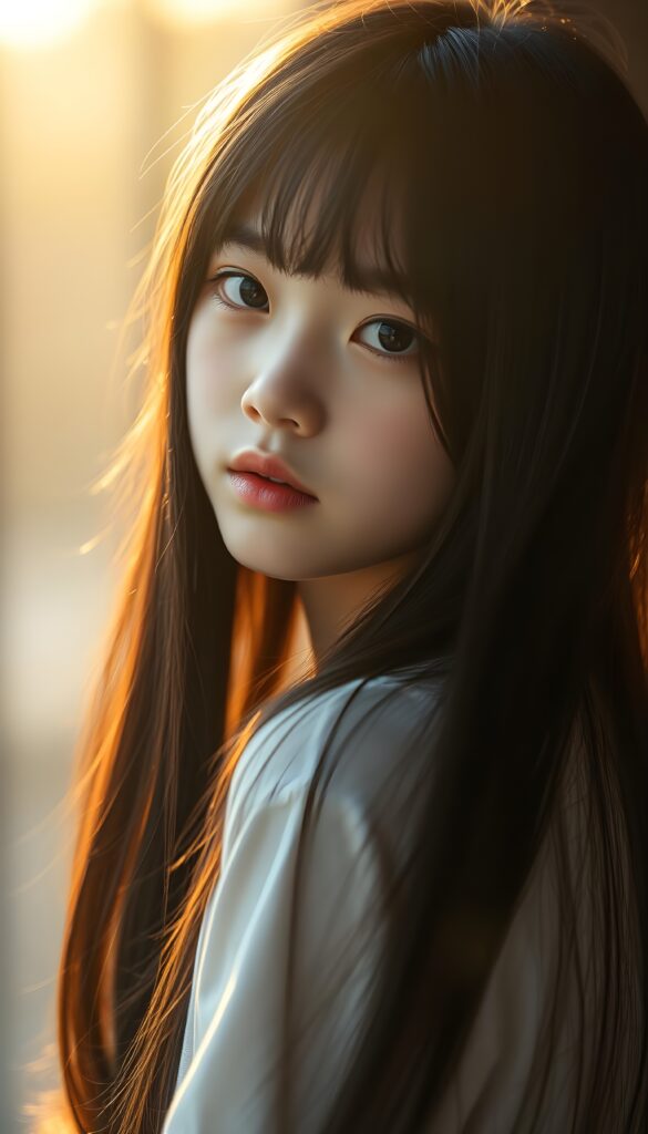 a beautiful detailed portrait from a cute little Korean girl, with (((long, silky straight obsidian black full open hair and brown highlights)), perfect bangs cut), that falls down to her back, framing a ((softly curved body)), accentuated by a (sun-kissed glow) that gives off an air of innocent beauty. Round angelic face. Her ((natural, warm skin)) adds a touch of realism to this image, which evokes a sense of youthful wonder and nostalgia. She's looking into the camera, with her ((cheekbones)) and ((almond skin)) contrasting against the (golden glow) backdrop. She wears a plain, white t-shirt. Slightly side view. White porcelain skin an red kissable lips.