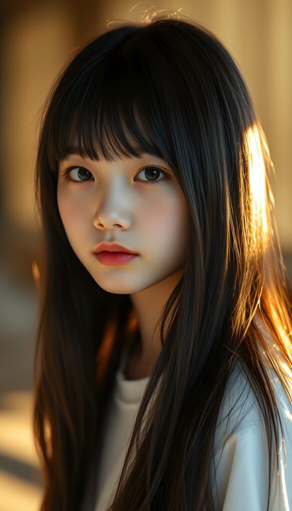 a beautiful detailed portrait from a cute little Korean girl, with (((long, silky straight obsidian black full open hair and brown highlights)), perfect bangs cut), that falls down to her back, framing a ((softly curved body)), accentuated by a (sun-kissed glow) that gives off an air of innocent beauty. Round angelic face. Her ((natural, warm skin)) adds a touch of realism to this image, which evokes a sense of youthful wonder and nostalgia. She's looking into the camera, with her ((cheekbones)) and ((almond skin)) contrasting against the (golden glow) backdrop. She wears a plain, white t-shirt. Slightly side view. White porcelain skin an red kissable lips.