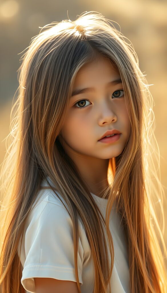 a beautiful detailed drawing from a cute little girl, with (((long, silky straight brown and blonde hair))) that flows down to her back, framing a ((softly curved body)), accentuated by a (sun-kissed glow) that gives off an air of innocent beauty. Round angelic face. Her ((natural, warm skin)) adds a touch of realism to this image, which evokes a sense of youthful wonder and nostalgia. She's looking into the camera, with her ((cheekbones)) and ((almond skin)) contrasting against the (golden glow) backdrop. She wears a plain, white t-shirt.