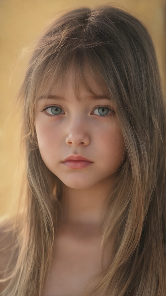 a beautiful detailed portrait from a cute little girl, with (((long, silky straight brown and blonde hair))) that flows down to her back, framing a ((softly curved body)), accentuated by a (sun-kissed glow) that gives off an air of innocent beauty. Her ((natural, warm skin)) adds a touch of realism to this image, which evokes a sense of youthful wonder and nostalgia. She's looking into the camera, with her ((cheekbones)) and ((almond skin)) contrasting against the (golden glow) backdrop