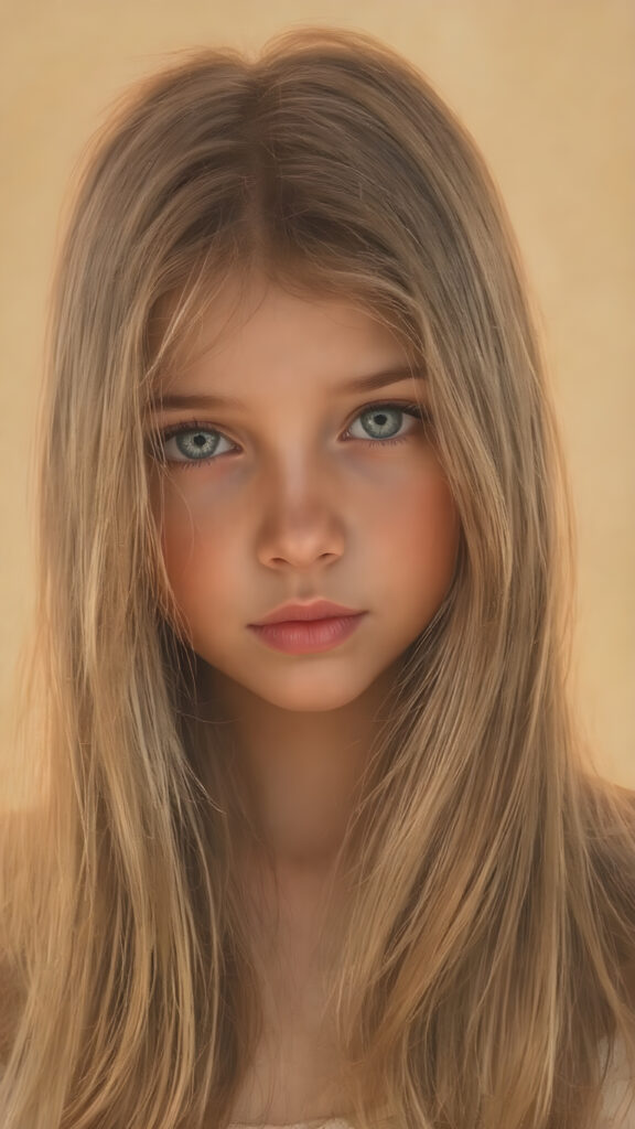 a beautiful detailed drawing from a cute little girl, with (((long, silky straight brown and blonde hair))) that flows down to her back, framing a ((softly curved body)), accentuated by a (sun-kissed glow) that gives off an air of innocent beauty. Her ((natural, warm skin)) adds a touch of realism to this image, which evokes a sense of youthful wonder and nostalgia. She's looking into the camera, with her ((cheekbones)) and ((almond skin)) contrasting against the (golden glow) backdrop