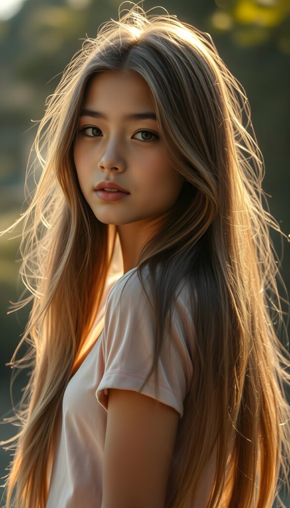 a beautiful detailed drawing from a girl, with (((long, silky straight brown and blonde hair))) that flows down to her back, framing a ((softly curved body)), accentuated by a (sun-kissed glow) that gives off an air of innocent beauty. Her ((natural, warm skin)) adds a touch of realism to this image, which evokes a sense of youthful wonder and nostalgia. She’s looking into the camera, with her ((cheekbones)) and ((almond skin)) contrasting against the (golden glow) backdrop. She wears a light pink t-shirt.