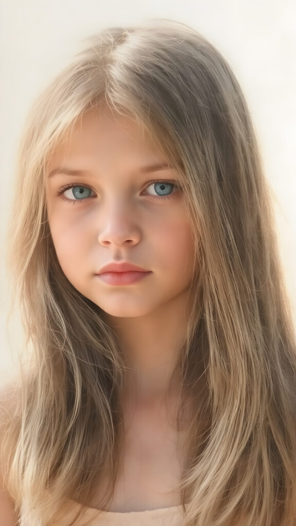 a beautiful detailed drawing from a cute little girl, with (((long, silky straight brown and blonde hair))) that flows down to her back, framing a ((softly curved body)), accentuated by a (sun-kissed glow) that gives off an air of innocent beauty. Her ((natural, warm skin)) adds a touch of realism to this image, which evokes a sense of youthful wonder and nostalgia. She's looking into the camera, with her ((cheekbones)) and ((almond skin)) contrasting against the (golden glow) backdrop