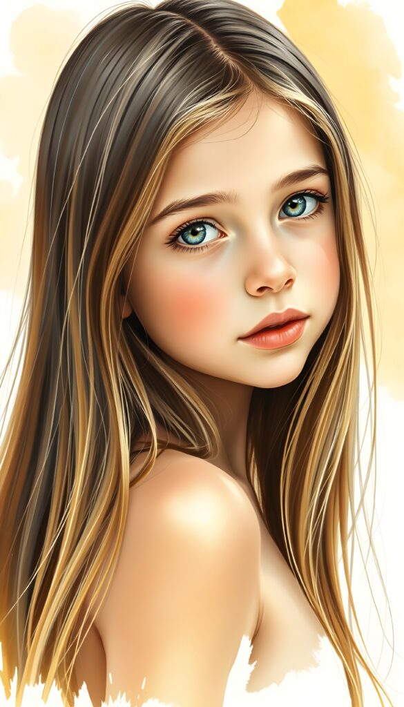 a beautiful detailed drawing from a cute little girl, with (((long, silky straight brown and blonde hair))) that flows down to her back, framing a ((softly curved body)), accentuated by a (sun-kissed glow) that gives off an air of innocent beauty. Her ((natural, warm skin)) adds a touch of realism to this image, which evokes a sense of youthful wonder and nostalgia. She’s looking into the camera, with her ((cheekbones)) and ((almond skin)) contrasting against the (golden glow) backdrop.