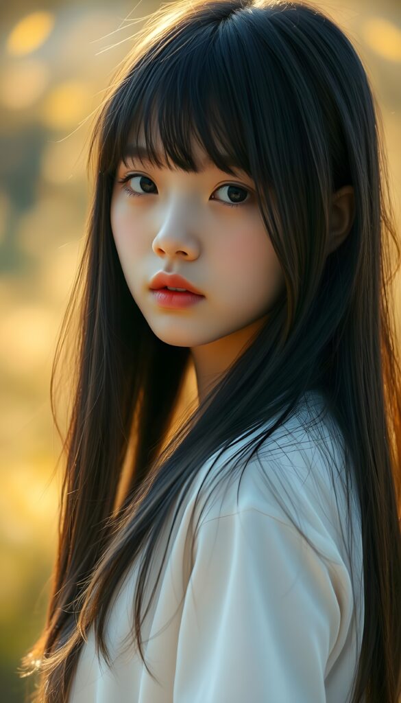 a beautiful detailed portrait from a cute little Korean girl, with (((long, silky straight obsidian black full open hair and brown highlights)), perfect bangs cut), that falls down to her back, framing a ((softly curved body)), accentuated by a (sun-kissed glow) that gives off an air of innocent beauty. Round angelic face. Her ((natural, warm skin)) adds a touch of realism to this image, which evokes a sense of youthful wonder and nostalgia. She's looking into the camera, with her ((cheekbones)) and ((almond skin)) contrasting against the (golden glow) backdrop. She wears a plain, white t-shirt. Slightly side view. White porcelain skin an red kissable lips.