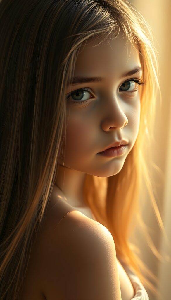 a beautiful detailed drawing from a cute little girl, with (((long, silky straight brown and blonde hair))) that flows down to her back, framing a ((softly curved body)), accentuated by a (sun-kissed glow) that gives off an air of innocent beauty. Her ((natural, warm skin)) adds a touch of realism to this image, which evokes a sense of youthful wonder and nostalgia. She’s looking into the camera, with her ((cheekbones)) and ((almond skin)) contrasting against the (golden glow) backdrop