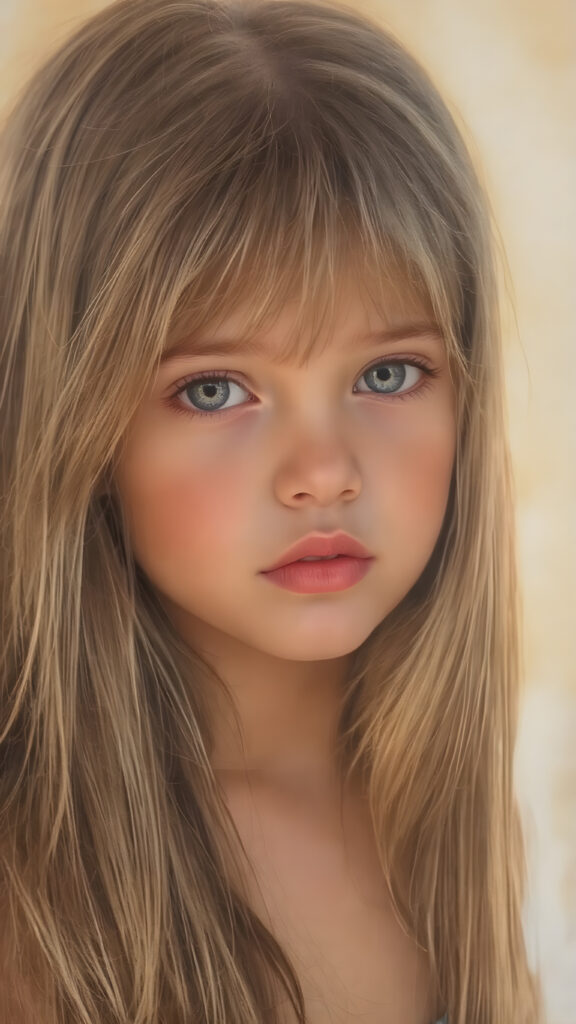 a beautiful detailed drawing from a cute little girl, with (((long, silky straight brown and blonde hair))) that flows down to her back, framing a ((softly curved body)), accentuated by a (sun-kissed glow) that gives off an air of innocent beauty. Her ((natural, warm skin)) adds a touch of realism to this image, which evokes a sense of youthful wonder and nostalgia. She's looking into the camera, with her ((cheekbones)) and ((almond skin)) contrasting against the (golden glow) backdrop