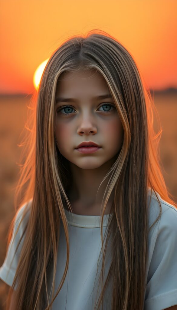 a beautiful detailed drawing from a cute little girl, with (((long, silky straight brown and blonde hair))) that flows down to her back, framing a ((softly curved body)), accentuated by a (sun-kissed glow) that gives off an air of innocent beauty. Round angelic face. Her ((natural, warm skin)) adds a touch of realism to this image, which evokes a sense of youthful wonder and nostalgia. She's looking into the camera, with her ((cheekbones)) and ((almond skin)) contrasting against the (golden glow) backdrop. She wears a plain, white t-shirt. Everything set against a golden wheat field and a red sunset. Peaceful. Front view.