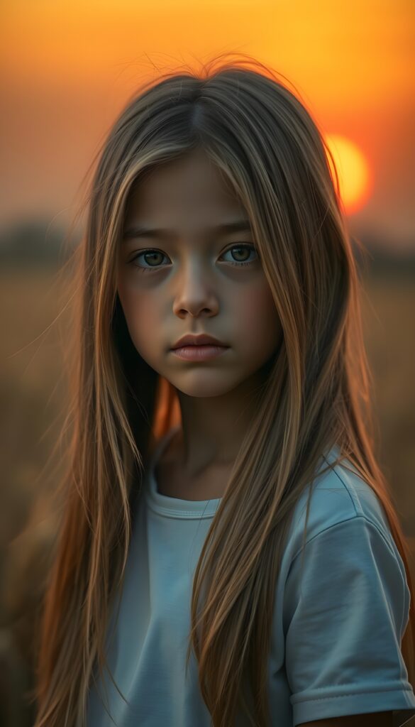 a beautiful detailed drawing from a cute little girl, with (((long, silky straight brown and blonde hair))) that flows down to her back, framing a ((softly curved body)), accentuated by a (sun-kissed glow) that gives off an air of innocent beauty. Round angelic face. Her ((natural, warm skin)) adds a touch of realism to this image, which evokes a sense of youthful wonder and nostalgia. She's looking into the camera, with her ((cheekbones)) and ((almond skin)) contrasting against the (golden glow) backdrop. She wears a plain, white t-shirt. Everything set against a golden wheat field and a red sunset. Peaceful. Front view.