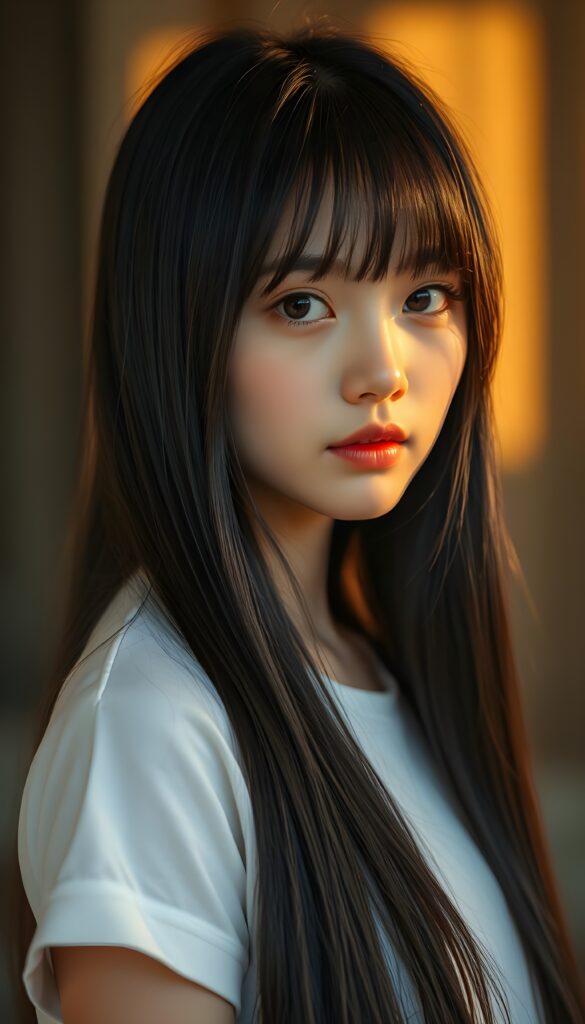 a beautiful detailed portrait from a cute little Korean girl, with (((long, silky straight obsidian black full open hair and brown highlights)), perfect bangs cut), that falls down to her back, framing a ((softly curved body)), accentuated by a (sun-kissed glow) that gives off an air of innocent beauty. Round angelic face. Her ((natural, warm skin)) adds a touch of realism to this image, which evokes a sense of youthful wonder and nostalgia. She's looking into the camera, with her ((cheekbones)) and ((almond skin)) contrasting against the (golden glow) backdrop. She wears a plain, white t-shirt. Slightly side view. White porcelain skin an red kissable lips.