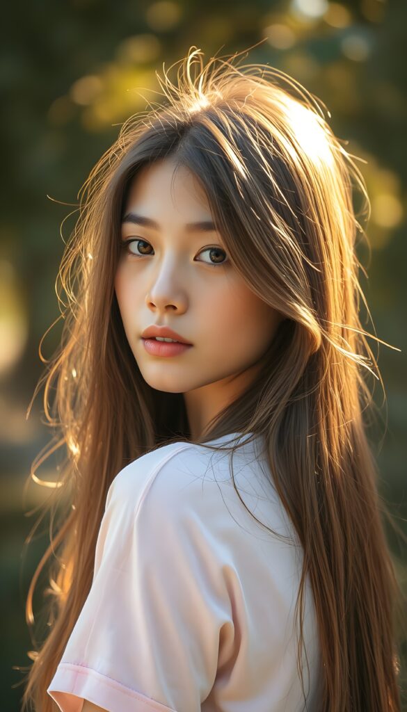 a beautiful detailed drawing from a girl, with (((long, silky straight brown and blonde hair))) that flows down to her back, framing a ((softly curved body)), accentuated by a (sun-kissed glow) that gives off an air of innocent beauty. Her ((natural, warm skin)) adds a touch of realism to this image, which evokes a sense of youthful wonder and nostalgia. She’s looking into the camera, with her ((cheekbones)) and ((almond skin)) contrasting against the (golden glow) backdrop. She wears a light pink t-shirt.