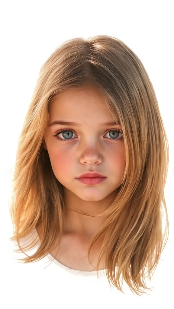 a beautiful detailed drawing from a cute little girl, with (((long, silky straight brown and blonde hair))) that flows down to her back, framing a ((softly curved body)), accentuated by a (sun-kissed glow) that gives off an air of innocent beauty. Her ((natural, warm skin)) adds a touch of realism to this image, which evokes a sense of youthful wonder and nostalgia. She's looking into the camera, with her ((cheekbones)) and ((almond skin)) contrasting against the (golden glow) backdrop