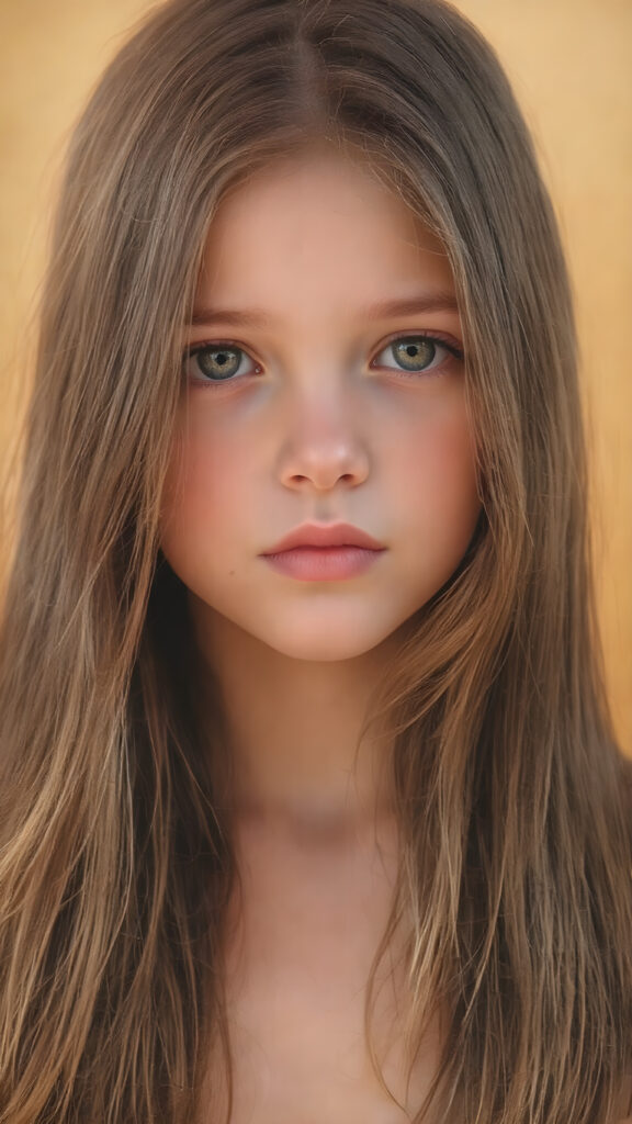 a beautiful detailed drawing from a cute little girl, with (((long, silky straight brown and blonde hair))) that flows down to her back, framing a ((softly curved body)), accentuated by a (sun-kissed glow) that gives off an air of innocent beauty. Her ((natural, warm skin)) adds a touch of realism to this image, which evokes a sense of youthful wonder and nostalgia. She's looking into the camera, with her ((cheekbones)) and ((almond skin)) contrasting against the (golden glow) backdrop