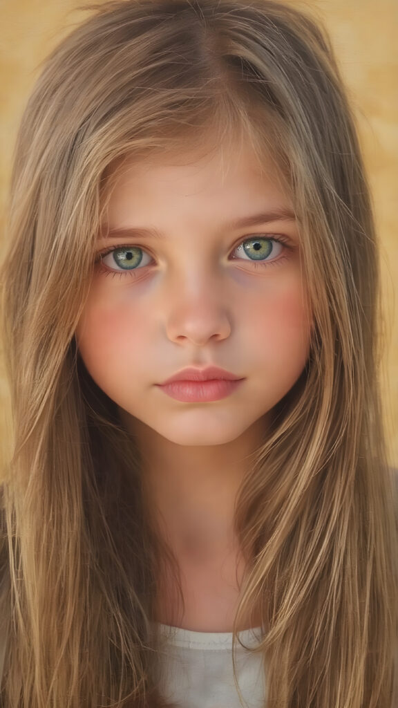 a beautiful detailed drawing from a cute little girl, with (((long, silky straight brown and blonde hair))) that flows down to her back, framing a ((softly curved body)), accentuated by a (sun-kissed glow) that gives off an air of innocent beauty. Her ((natural, warm skin)) adds a touch of realism to this image, which evokes a sense of youthful wonder and nostalgia. She's looking into the camera, with her ((cheekbones)) and ((almond skin)) contrasting against the (golden glow) backdrop