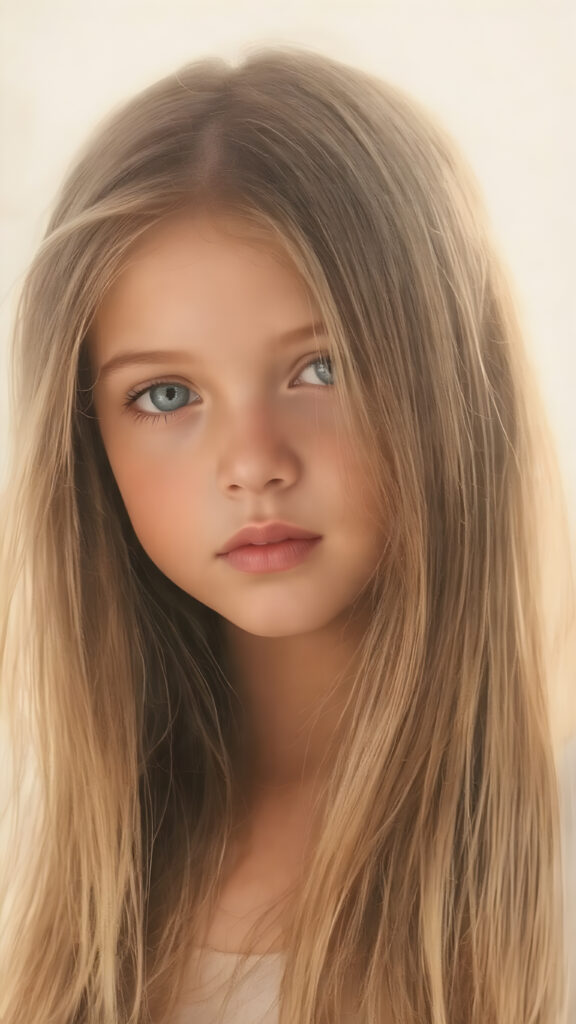 a beautiful detailed drawing from a cute little girl, with (((long, silky straight brown and blonde hair))) that flows down to her back, framing a ((softly curved body)), accentuated by a (sun-kissed glow) that gives off an air of innocent beauty. Her ((natural, warm skin)) adds a touch of realism to this image, which evokes a sense of youthful wonder and nostalgia. She's looking into the camera, with her ((cheekbones)) and ((almond skin)) contrasting against the (golden glow) backdrop