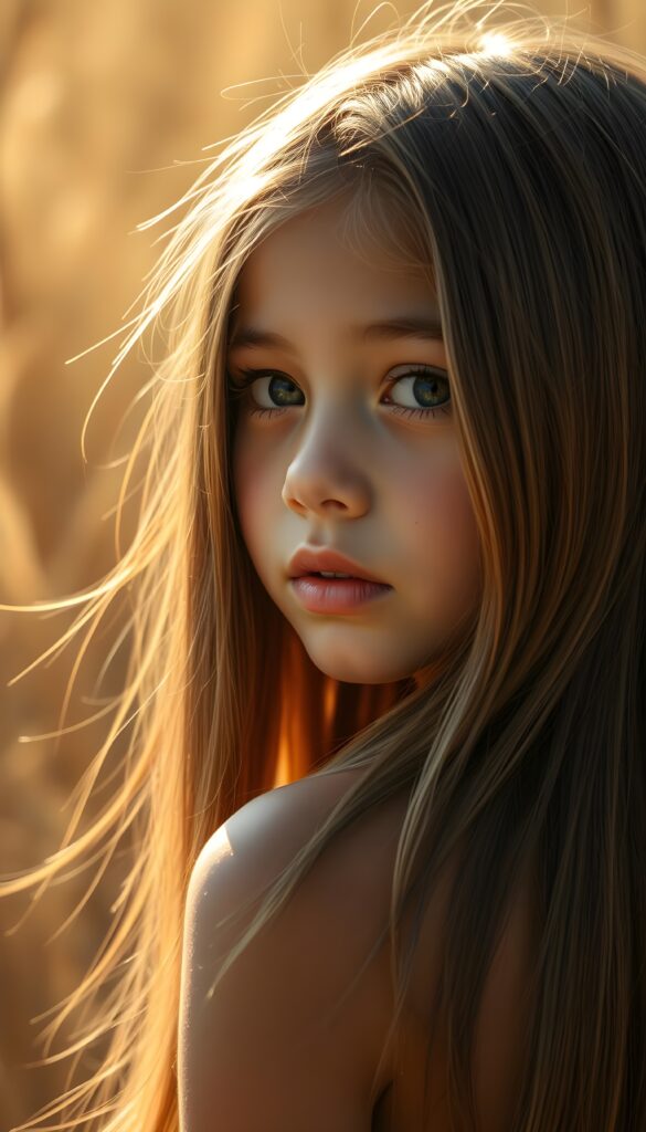 a beautiful detailed drawing from a cute little girl, with (((long, silky straight brown and blonde hair))) that flows down to her back, framing a ((softly curved body)), accentuated by a (sun-kissed glow) that gives off an air of innocent beauty. Her ((natural, warm skin)) adds a touch of realism to this image, which evokes a sense of youthful wonder and nostalgia. She’s looking into the camera, with her ((cheekbones)) and ((almond skin)) contrasting against the (golden glow) backdrop