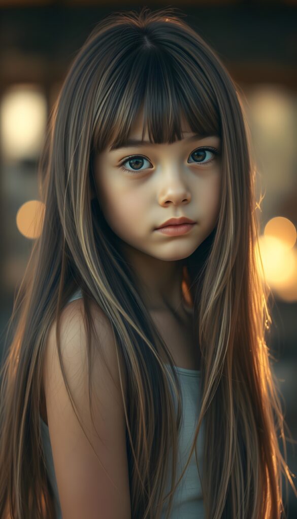 a beautiful detailed drawing from a cute little girl, with (((long, silky straight brown and blonde hair))) that flows down to her back, framing a ((softly curved body)), accentuated by a (sun-kissed glow) that gives off an air of innocent beauty. Her ((natural, warm skin)) adds a touch of realism to this image, which evokes a sense of youthful wonder and nostalgia. She’s looking into the camera, with her ((cheekbones)) and ((almond skin)) contrasting against the (golden glow) backdrop