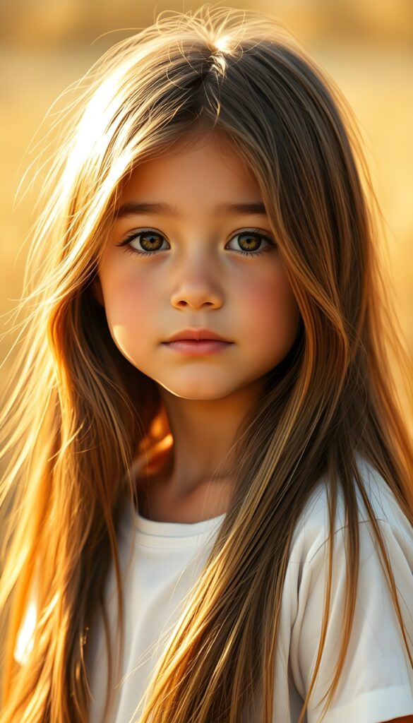 a beautiful detailed drawing from a cute little girl, with (((long, silky straight brown and blonde hair))) that flows down to her back, framing a ((softly curved body)), accentuated by a (sun-kissed glow) that gives off an air of innocent beauty. Round angelic face. Her ((natural, warm skin)) adds a touch of realism to this image, which evokes a sense of youthful wonder and nostalgia. She's looking into the camera, with her ((cheekbones)) and ((almond skin)) contrasting against the (golden glow) backdrop. She wears a plain, white t-shirt.