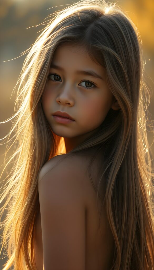 a beautiful detailed drawing from a cute little girl, with (((long, silky straight brown and blonde hair))) that flows down to her back, framing a ((softly curved body)), accentuated by a (sun-kissed glow) that gives off an air of innocent beauty. Her ((natural, warm skin)) adds a touch of realism to this image, which evokes a sense of youthful wonder and nostalgia. She’s looking into the camera, with her ((cheekbones)) and ((almond skin)) contrasting against the (golden glow) backdrop