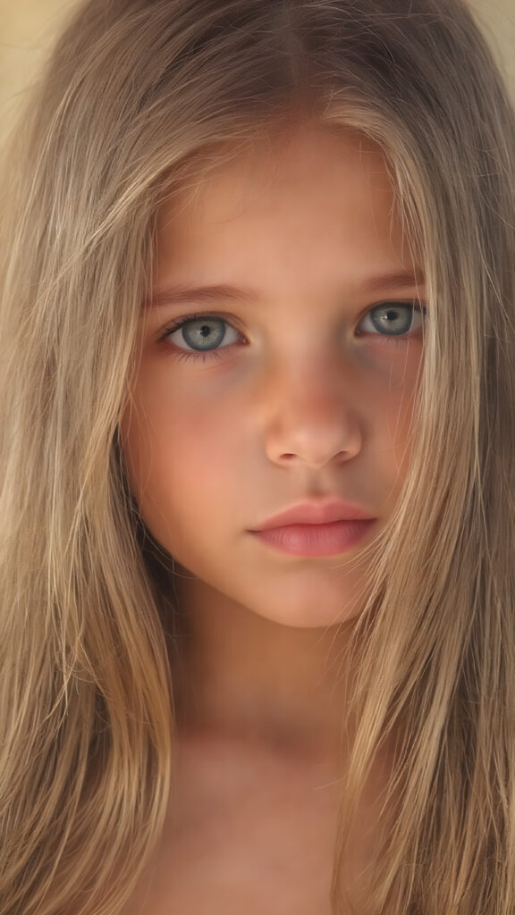 a beautiful detailed portrait from a cute little girl, with (((long, silky straight brown and blonde hair))) that flows down to her back, framing a ((softly curved body)), accentuated by a (sun-kissed glow) that gives off an air of innocent beauty. Her ((natural, warm skin)) adds a touch of realism to this image, which evokes a sense of youthful wonder and nostalgia. She's looking into the camera, with her ((cheekbones)) and ((almond skin)) contrasting against the (golden glow) backdrop