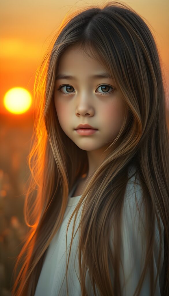 a beautiful detailed drawing from a cute little girl, with (((long, silky straight brown and blonde hair))) that flows down to her back, framing a ((softly curved body)), accentuated by a (sun-kissed glow) that gives off an air of innocent beauty. Round angelic face. Her ((natural, warm skin)) adds a touch of realism to this image, which evokes a sense of youthful wonder and nostalgia. She's looking into the camera, with her ((cheekbones)) and ((almond skin)) contrasting against the (golden glow) backdrop. She wears a plain, white t-shirt. Everything set against a golden wheat field and a red sunset. Peaceful. Front view.