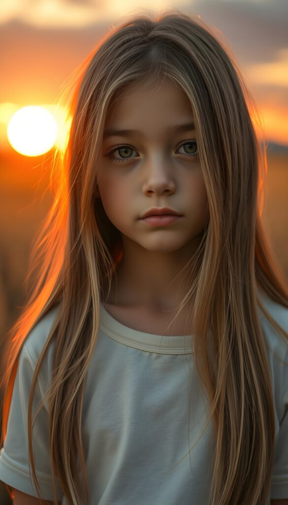 a beautiful detailed drawing from a cute little girl, with (((long, silky straight brown and blonde hair))) that flows down to her back, framing a ((softly curved body)), accentuated by a (sun-kissed glow) that gives off an air of innocent beauty. Round angelic face. Her ((natural, warm skin)) adds a touch of realism to this image, which evokes a sense of youthful wonder and nostalgia. She's looking into the camera, with her ((cheekbones)) and ((almond skin)) contrasting against the (golden glow) backdrop. She wears a plain, white t-shirt. Everything set against a golden wheat field and a red sunset. Peaceful. Front view.