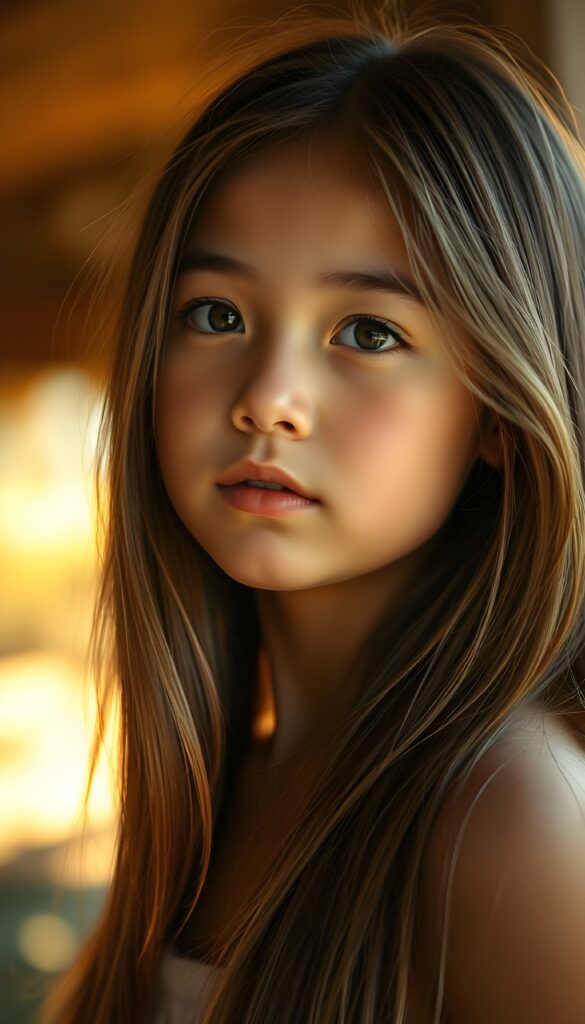 a beautiful detailed drawing from a cute little girl, with (((long, silky straight brown and blonde hair))) that flows down to her back, framing a ((softly curved body)), accentuated by a (sun-kissed glow) that gives off an air of innocent beauty. Her ((natural, warm skin)) adds a touch of realism to this image, which evokes a sense of youthful wonder and nostalgia. She’s looking into the camera, with her ((cheekbones)) and ((almond skin)) contrasting against the (golden glow) backdrop