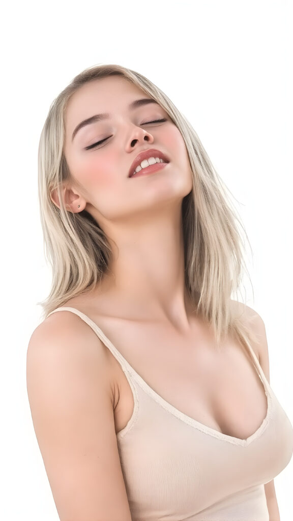 a (((beautiful well busty young teen girl))), with straight (((light soft amber hair))) styled in a cropped and tight fitting (((light amber short tank top, deep v-neck))). She has closed eyes and wide open mouth and white teeth and enjoy her desire, her head is tilted back and looks into the air. Round detailed cute face. She exudes a youthful vibe, reminiscent of a high school girl, with a petite, yet perfectly proportioned figure, that perfectly complements her advanced features and advanced beauty, white backdrop, side view, whole body