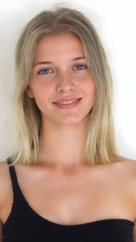 a (((beautiful busty young teen girl))), with straight (((light blond hair))) styled in a cropped and tight fitting (((black short tank top))). Her smile comes alive, revealing naturally full lips that match the perfect shade of detail and clarity. She exudes a youthful vibe, reminiscent of a high school senior, with a petite, yet perfectly proportioned figure, that perfectly complements her advanced features and advanced beauty, white backdrop