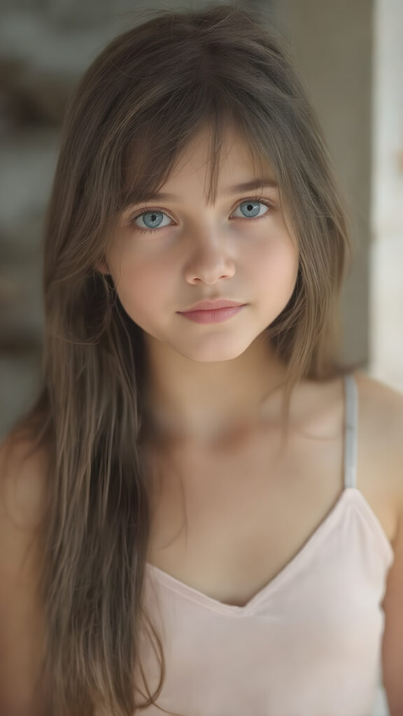a (((beautiful, cute, and slender young girl))), with (light tan skin) and (very long, straight, thick, dark brown hair) that gives off a youthful glow, paired with (adorable puffy light blue eyes) that emit a sense of realism, all framed by a cozy (pastel color cropped short spaghetti tank top, deep v-neck) and (matching pastel blue jeans) cut in a (soft, pastel aesthetic) style that complements her (cheerful, happy expression) full body view