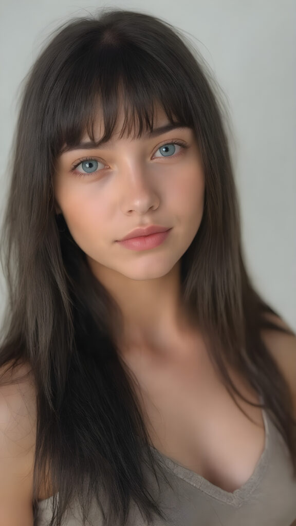 a (((beautiful young teen girl looks like a doll))), with ((long, straight black hair, bangs)), and ((big, expressive, bright, natural light blue eyes)), that convey a sense of youthful allure. Her ((skin is flawless)). She's ((busty)), with ((big, round, full, slightly parted lips that add to her enchanting smile)). Her ((almond skin)) adds to her ((natural beauty)), with ((mini low-cut v-neck tank top, perfect and cute detailed belly button)), light grey studio backdrop, ( Hyper-detailed Warm tones Dramatic lighting Cinematic )