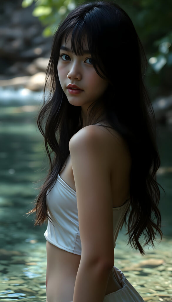a (((beautiful young girl))), with long, black, wavy hair cascading down her shoulders, standing confidently in a crystal clear (((natural spring))), her face turned bashfully towards the camera, wearing a delicate, sleek (((silk crop top))), along with a playful, (round, short mini skirt) that accentuates her figure