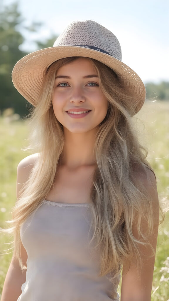 a (((beautiful, young, ((slender)), lean and fit cute girl))), with (pale skin) and (long, wavy, dirty blonde hair), that gives off a (soft glow), as she stands confidently in a (sunny meadow), wearing a (vintage-inspired, straw hat) that complements her look. Her expression is one of pure joy and excitement, as she gazes out into the (brightly sunny day).