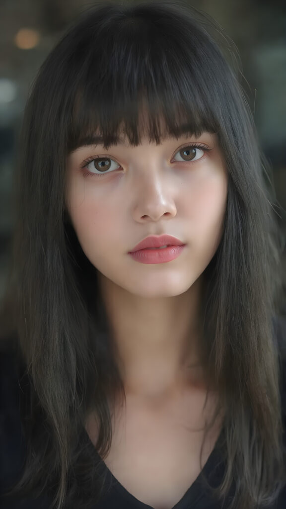 a beautiful (((young innocent girl))), with straight, (((long, black hair))), that softly curls into (vividly colored) bangs, framing a round face she's got big, bright, playful eyes that are captivating and inviting. Her lips are full and painted in (deep red) lipstick, complemented by (shades of pink) eyeshadow that accentuate her cheeks and add a pop of color to her overall look. Her skin is (pale white) , she's got beautiful, (brightly coloured) cheeks and (glowing) lips that add a pop of colour to her overall look. She wears a black oversized t-shirt